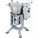 Hobart HCM450 45 qt vertical food processor and mixer, stainless steel tilting bowl on grey stand with side controls
