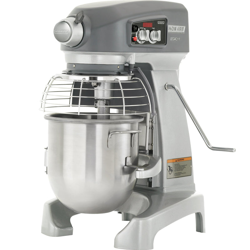 Hobart Legacy HL120-1STD 12 qt commercial planetary mixer, grey body with stainless bowl and bowl guard, angled view