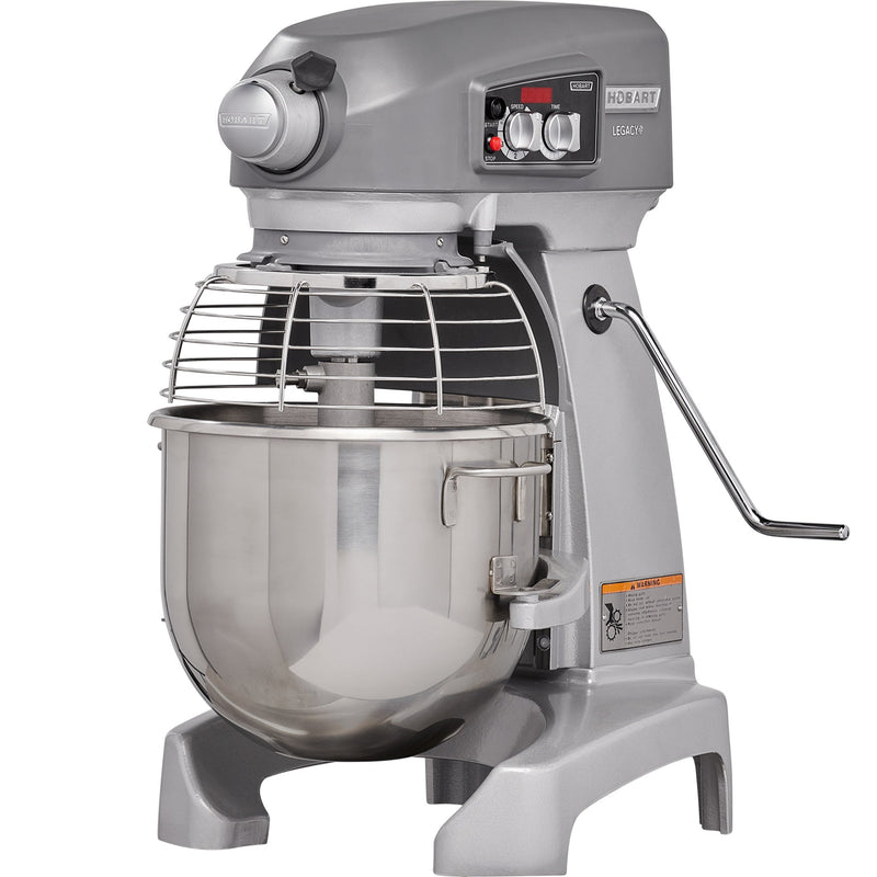 Hobart Legacy HL200-1STD 20 qt commercial planetary mixer, grey body with stainless steel bowl and bowl guard, angled