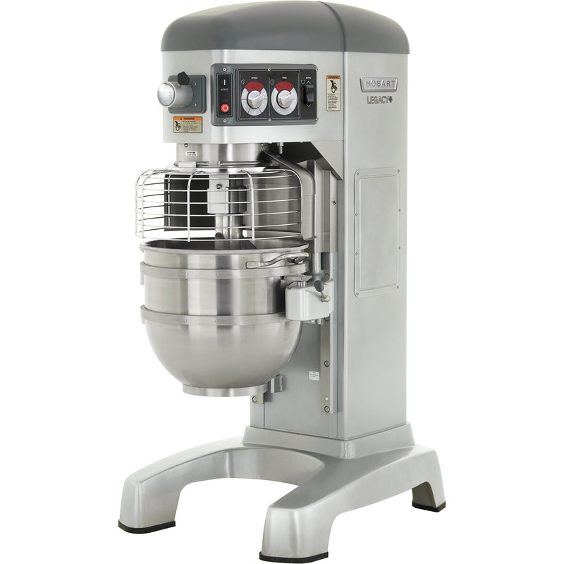 Hobart Legacy HL662-1STD 60 qt planetary pizza mixer, grey floor model with stainless steel bowl and wire guard, angled