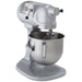 Hobart N50-60 5 qt planetary mixer, right side angled view of the grey head, stainless bowl and bowl lift handle