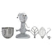 Hobart N50-60 5 qt planetary mixer shown with its stainless steel bowl, flat beater, wire whip and dough hook