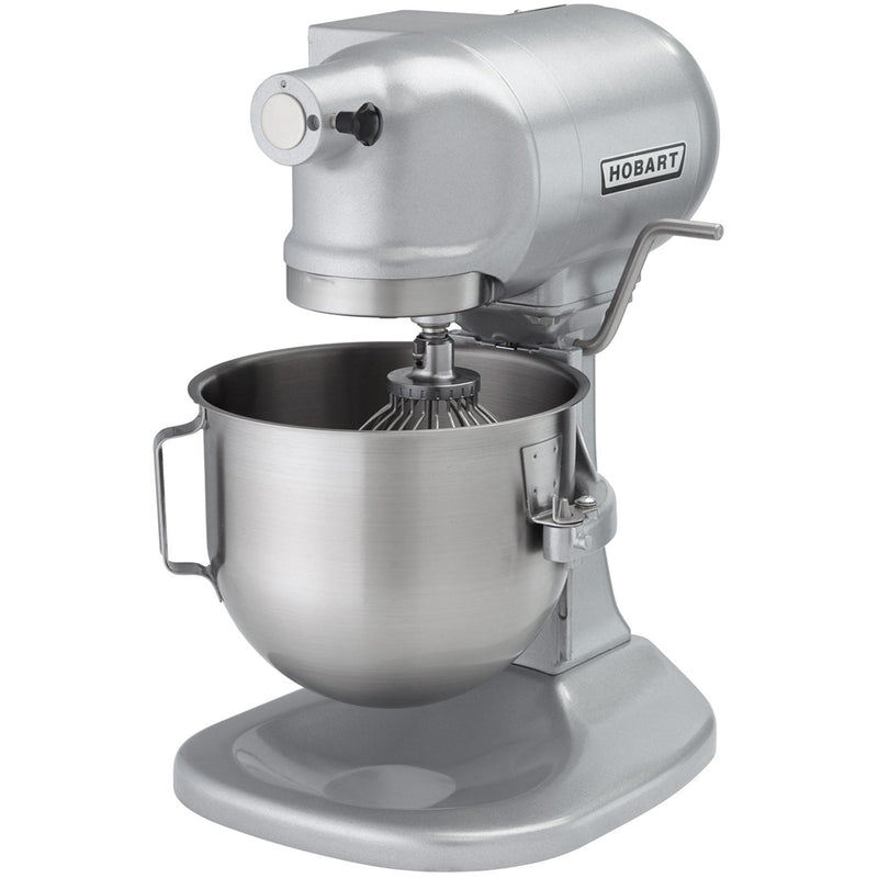 Hobart N50-60 5 qt commercial planetary mixer, grey body with stainless steel bowl and wire whip, front angled view