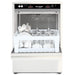 Jet-Tech F-16DP high temp undercounter glasswasher in stainless steel, door open with rack of glasses and cups