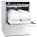 Jet-Tech F-18DP high-temp undercounter dishwasher in stainless steel, door open showing rack loaded with plates