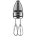 KitchenAid KHM7210CU 7-speed silver hand mixer with stainless steel turbo beaters attached, front view
