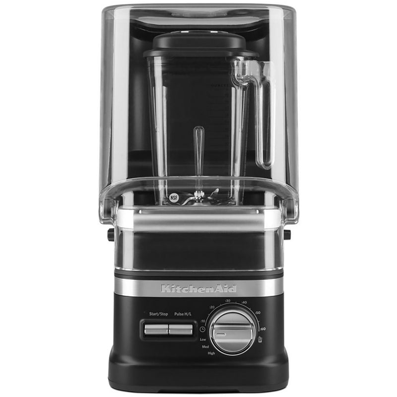KitchenAid KSBC1B2BM 60 oz commercial blender in matte black with clear sound enclosure and manual dial, front