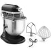 KitchenAid KSMC895OB 8 quart black commercial stand mixer shown with flat beater, dough hook and whisk