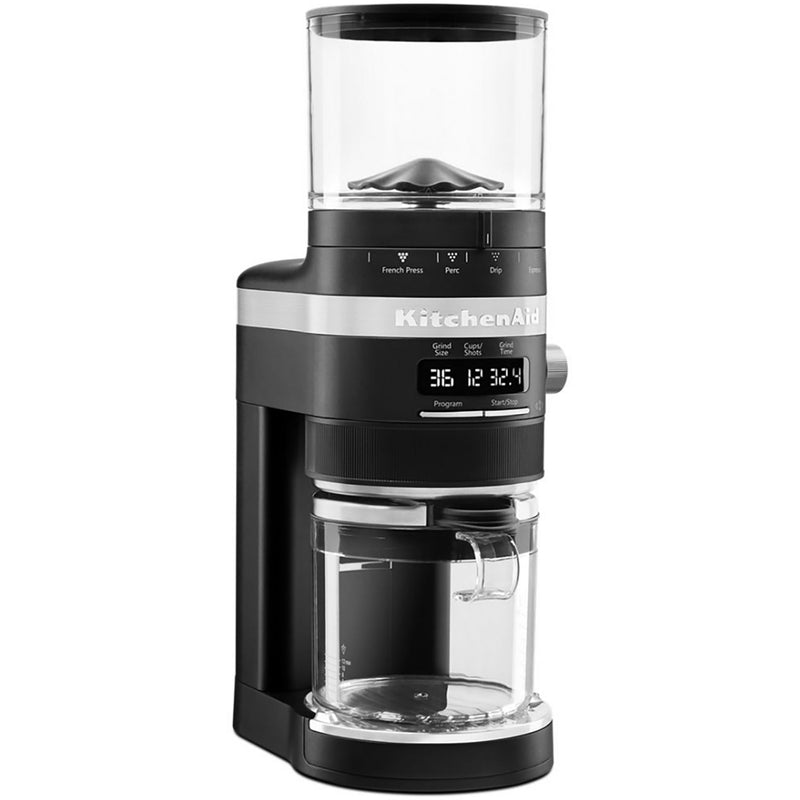 KitchenAid KCG8433BM matte black burr coffee grinder with clear bean hopper and grounds container, front