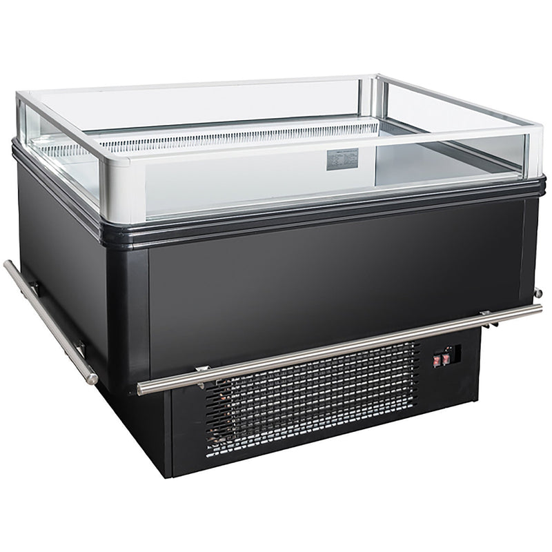 Kool-It KII-350 80-inch island display freezer or refrigerator in black with glass sides and open top, angled