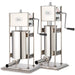 LEM 1112 Big Bite 10 lb dual gear stainless steel sausage stuffer shown side by side with a larger model