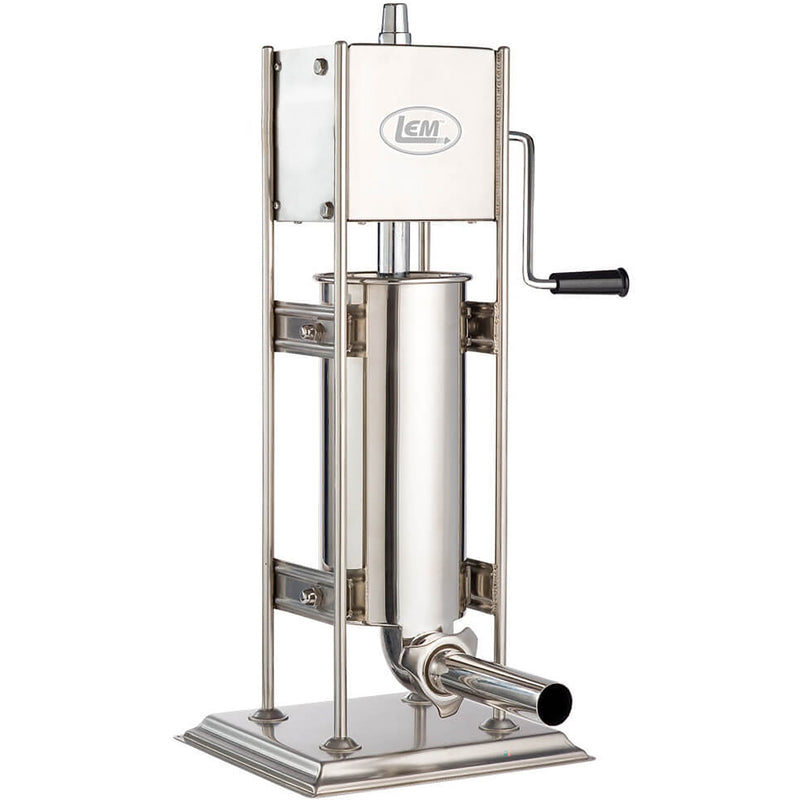 LEM 1112 Big Bite manual dual gear 10 lb vertical sausage stuffer in stainless steel with crank, front angle