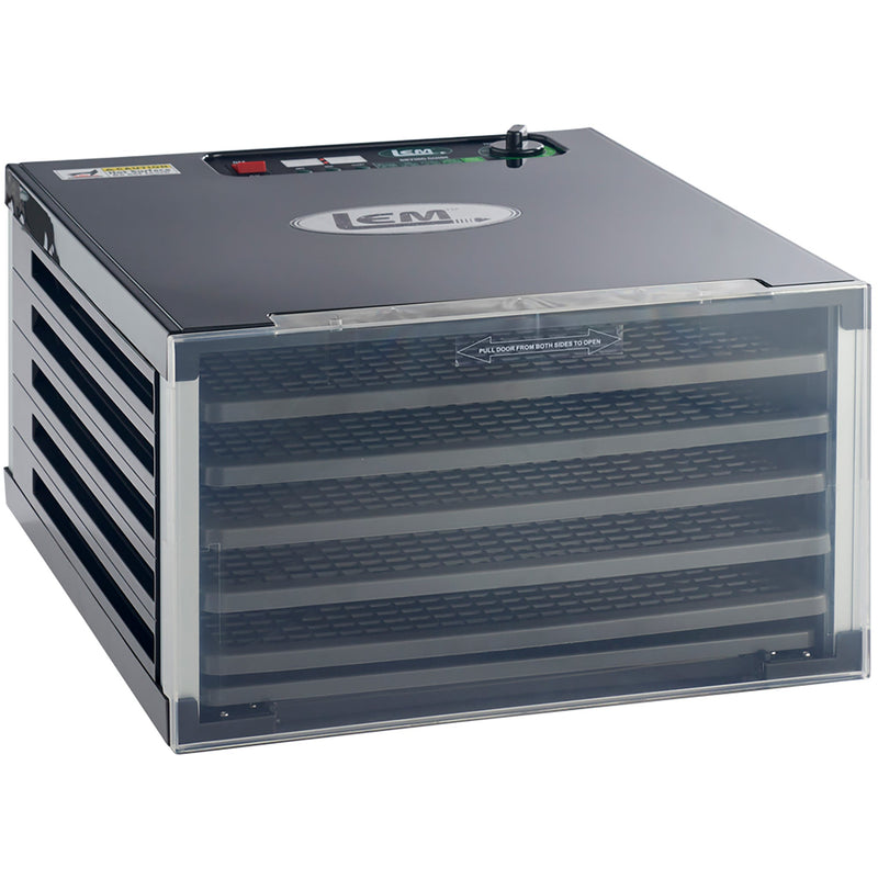 LEM 1152 Mighty Bite 5-tray food dehydrator with black housing and clear front door, angled front view