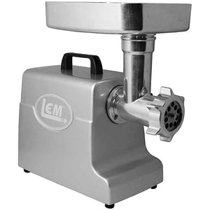 LEM 1158 size 8 Mighty Bite 0.67 HP electric meat grinder with silver housing and carry handle, angled view
