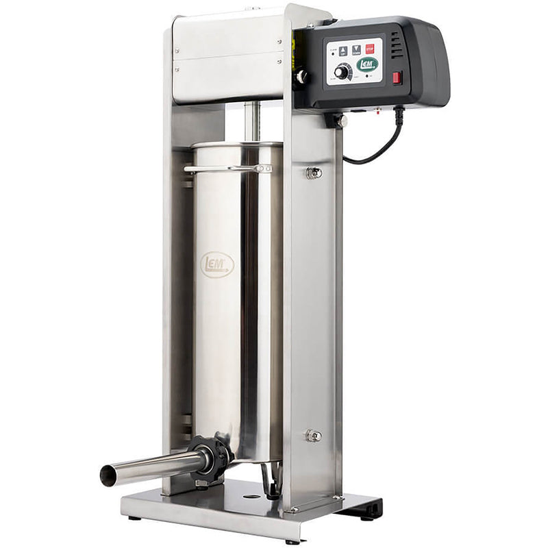 LEM 1217 Big Bite electric 30 lb vertical sausage stuffer in stainless steel with black control box, angled view