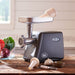 LEM 1224 size 8 residential countertop meat grinder in dark grey, shown on a kitchen counter with fresh produce