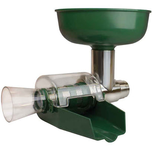 LEM 1227 Big Bite juicer attachment with green hopper, clear screen housing and green juice chute, side view