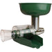 LEM 1227 Big Bite juicer attachment with green hopper, clear screen housing and green juice chute, side view