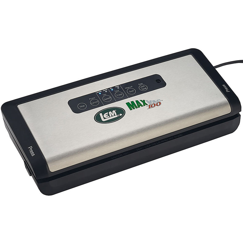 LEM 1379 MaxVac 100 out of chamber vacuum sealer with brushed steel lid and black base, angled front view