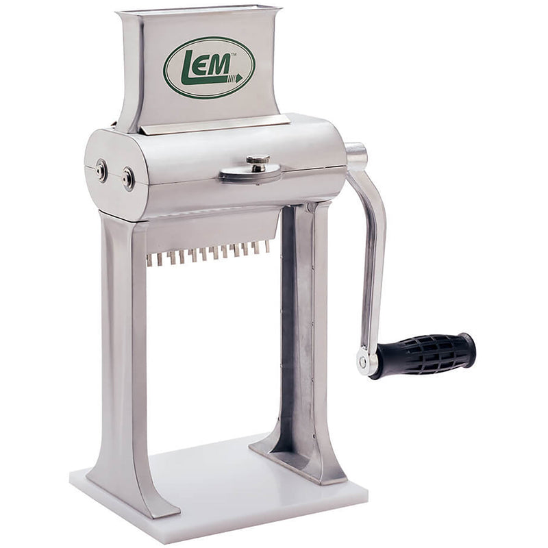 LEM 1432 manual 2 in 1 meat slicer and tenderizer with silver metal body, hand crank and clamp base, front angle