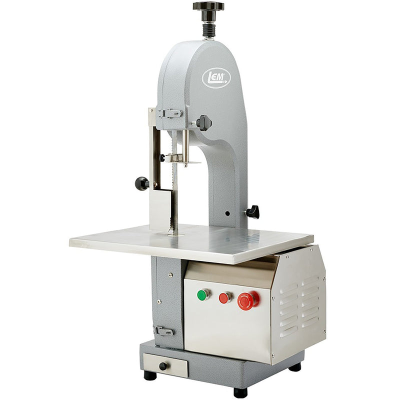 LEM 1561 table top meat saw, band saw with grey upright housing, light cutting table and base cabinet controls
