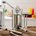 LEM 1606 Mighty Bite manual 5 lb sausage stuffer shown on a kitchen counter with sausages and stuffing tubes