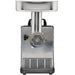 LEM 1779 size 8 Big Bite 0.5 HP stainless steel meat grinder, front view of grinder head, plate and feed tray