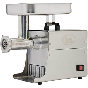 LEM 1779 size 8 Big Bite 0.5 HP stainless steel electric meat grinder with feed tray, angled front view