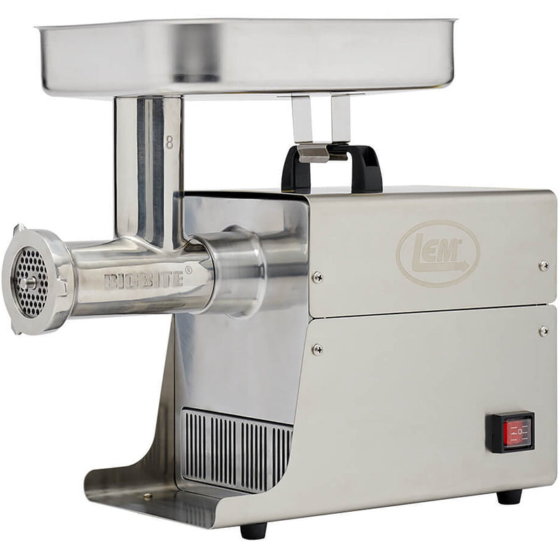 LEM 1779 size 8 Big Bite 0.5 HP stainless steel electric meat grinder with feed tray, angled front view