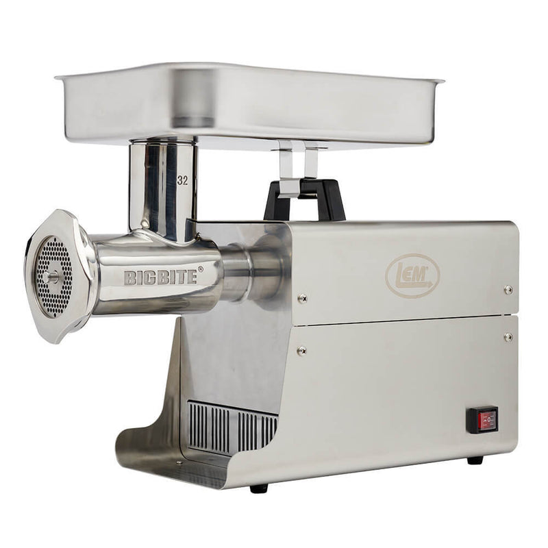 LEM 1782 size 32 Big Bite 1.5 HP stainless steel electric meat grinder with feed tray, angled front view