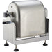 LEM 1868 Big Bite 50 lb tilting meat mixer attachment, stainless steel tub tilted back on its frame, side angle