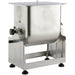 LEM 1869 Big Bite 25 lb tilting meat mixer attachment, stainless steel tub with lid on a steel frame, front view