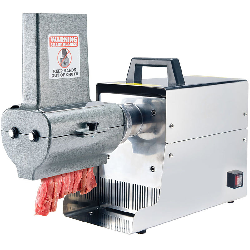 LEM 602TJ Big Bite 2 in 1 slicer and tenderizer mounted on a stainless steel grinder, slicing strips of meat
