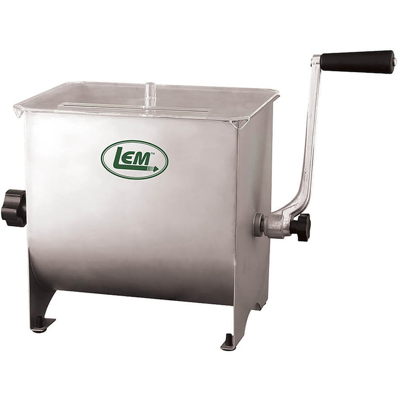 LEM 654 Mighty Bite 20 lb manual meat mixer, stainless steel tub with side crank handle and lid, front view