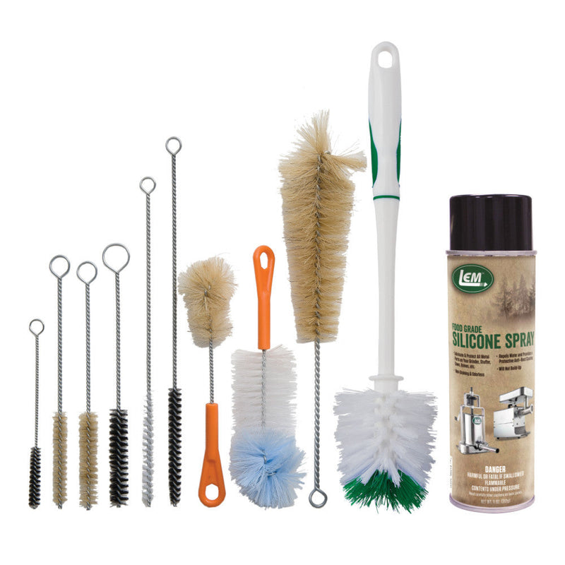 LEM 686 meat grinder cleaning kit with assorted bristle brushes in several sizes and a can of food-grade spray