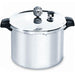 LEM 16 quart aluminum pressure canner with locking lid, pressure gauge and black side handles, front view