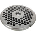 LEM size 32 meat grinder plate with 6 mm holes, stainless steel medium grind plate with notched rim, top view