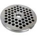LEM size 8 meat grinder plate with 4.5 mm holes, stainless steel plate with rows of round holes, top view