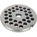 LEM size 8 meat grinder plate with 6 mm holes, stainless steel medium grind plate with notched rim, top view
