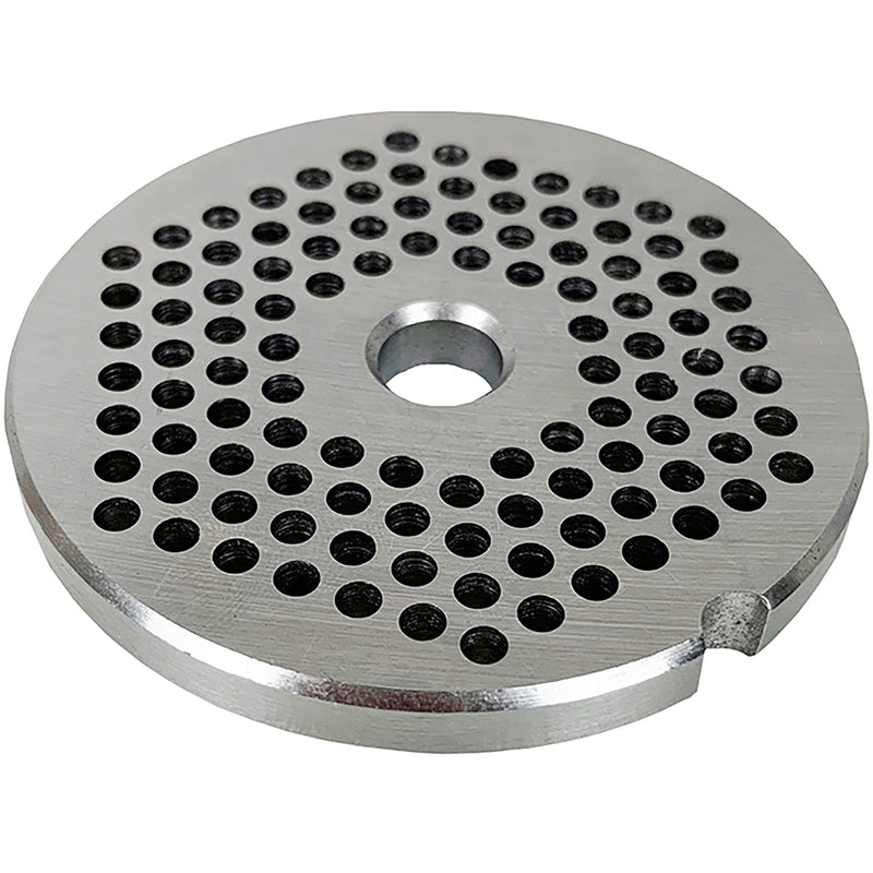 LEM size 8 meat grinder plate with 3 mm holes, stainless steel fine grind plate with notched rim, top view