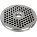 LEM size 8 meat grinder plate with 3 mm holes, stainless steel fine grind plate with notched rim, top view