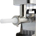 LEM white plastic stuffing tube shown mounted on the head of a stainless steel meat grinder for sausage making