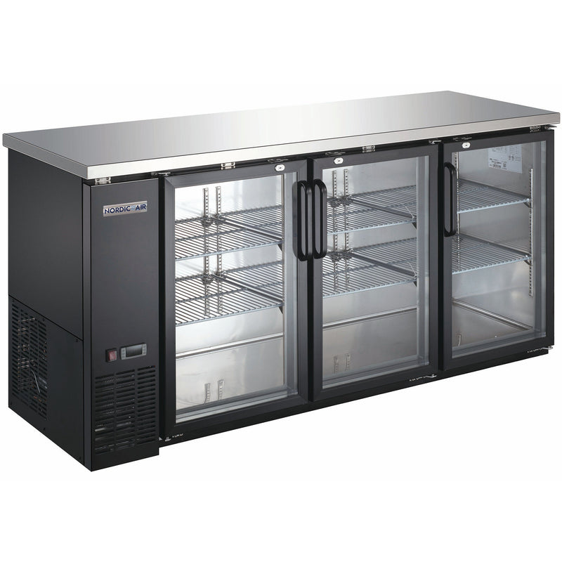 Nordic Air 73-inch shallow three door back bar cooler, black exterior with swinging glass doors and stainless top