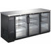 Nordic Air 73-inch shallow three door back bar cooler, black exterior with swinging glass doors and stainless top