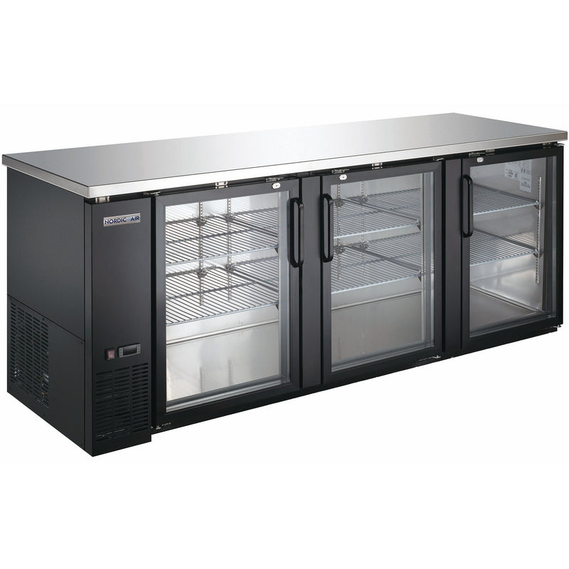 Nordic Air 90-inch deep three door back bar cooler, black exterior with glass doors and stainless steel top