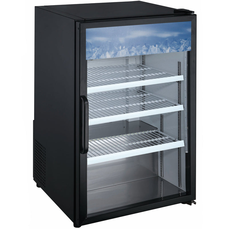 Nordic Air GRM-CT-39 black countertop display refrigerator with glass door and four wire shelves