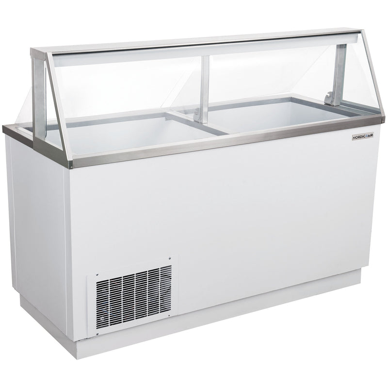 Nordic Air IDF-68 68-inch white ice cream dipping freezer with curved glass sneeze guard, angled left view