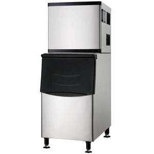 Nordic Air NIM-350C stainless steel modular cube ice machine on a 275 lb storage bin with black door, angled view