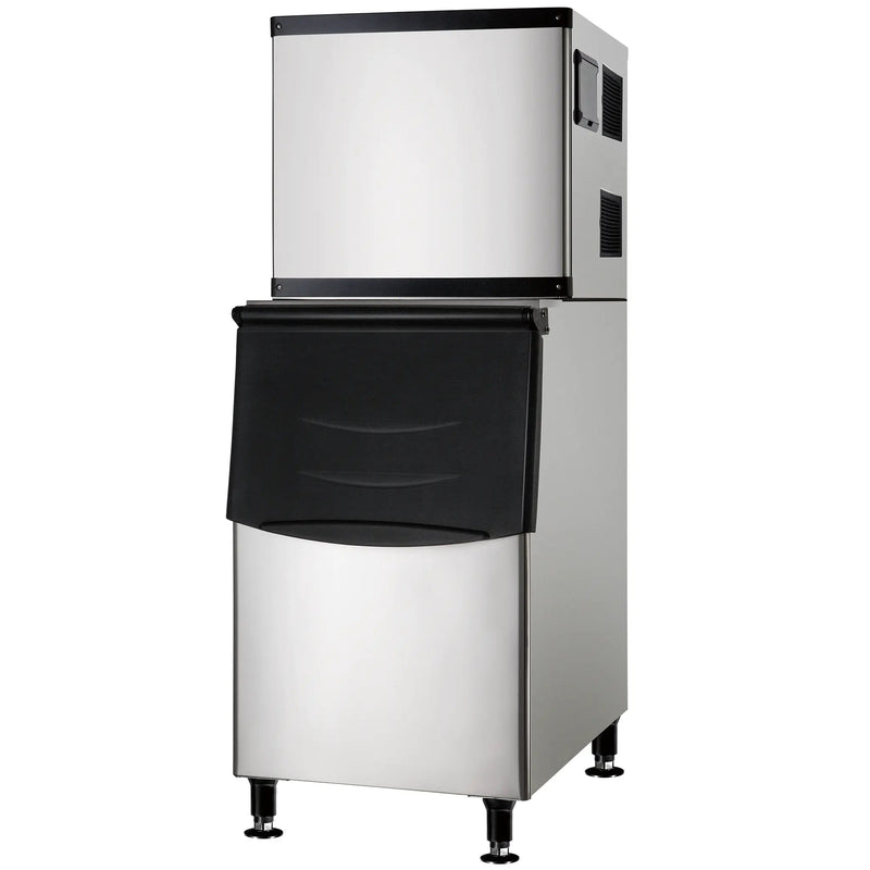 Nordic Air NIM-350C stainless steel modular cube ice machine on a 275 lb storage bin with black door, angled view