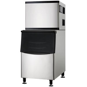 Nordic Air NIM-500C stainless steel modular cube ice machine on a 375 lb storage bin with black door, angled view